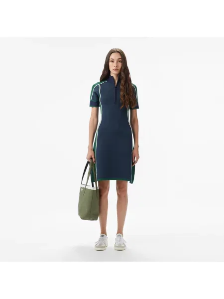 Lacoste Sukienka Z Krótkim Rękawem Half Zip Z Blokadą Koloru Classic Fit granatowa