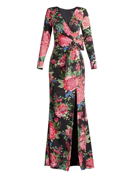 Sukienka Tadashi Shoji w kwiatki kopertowa garniturowa czarna