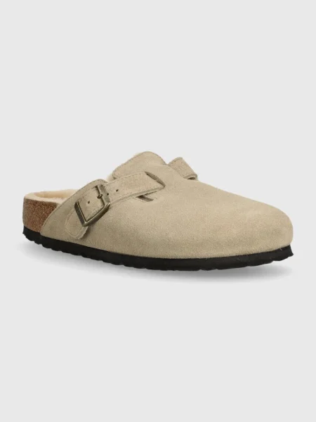 Birkenstock papuci din piele Boston Shearling femei bej