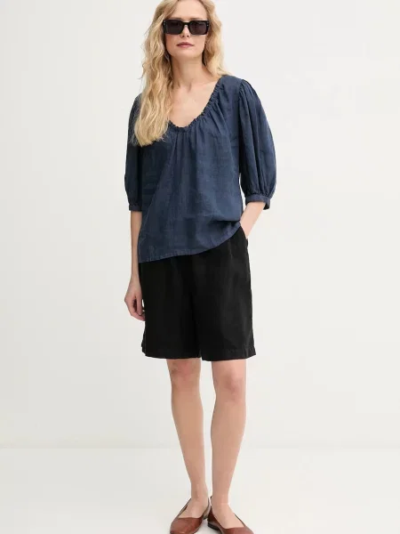 Льняна блузка Mos Mosh однотонна синій
