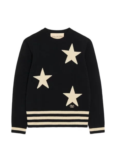 Pulover Valentino Garavani cu broderie de lână cu decolteu rotund negru
