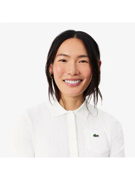Lacoste Ażurowa Koszulka Polo Slim Fit Z Dzianiny Pointelle Kremowa biała