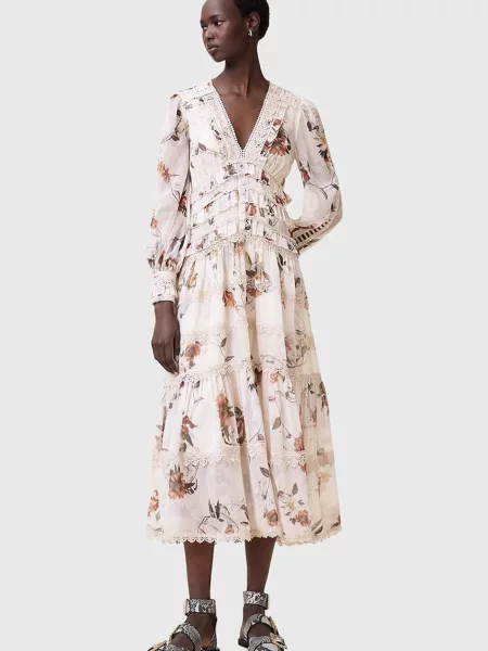 AllSaints rochie ZORA MIDI midi evazati bej