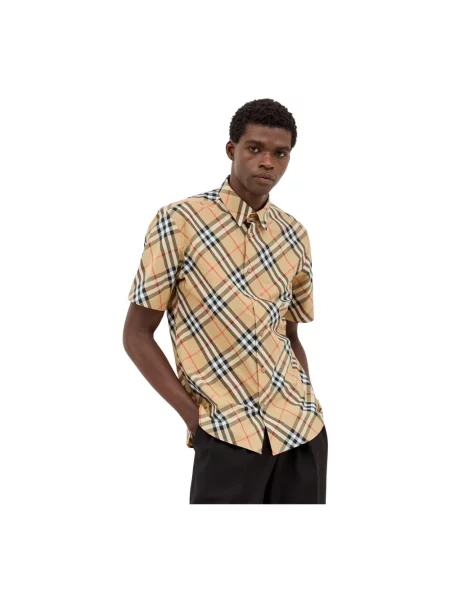 Koszula z krótkim rękawem Burberry w kratę popelinowa retro beżowa