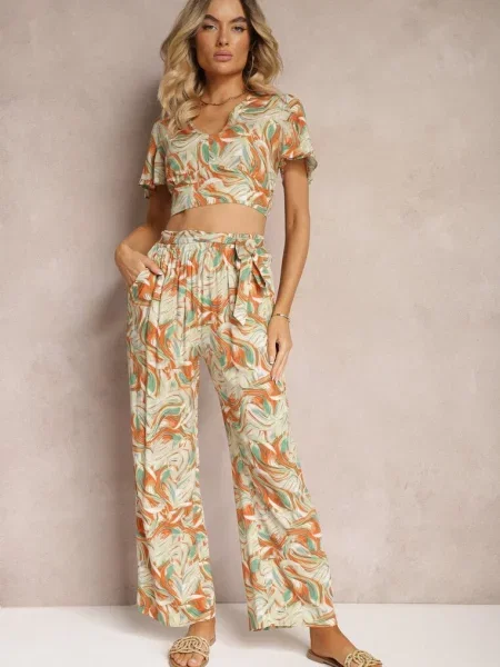 Komplet z Bawełny Krótki Top o Koszulowym Kroju Spodnie z Gumką i Wiązaniem Areadia beżowy