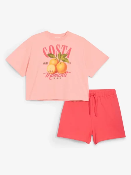 Komplet z bawełny organicznej: T-shirt i krótkie spodenki 2 części różowa