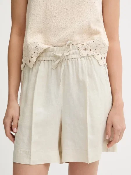 United Colors of Benetton szorty lniane gładkie high waist beżowy
