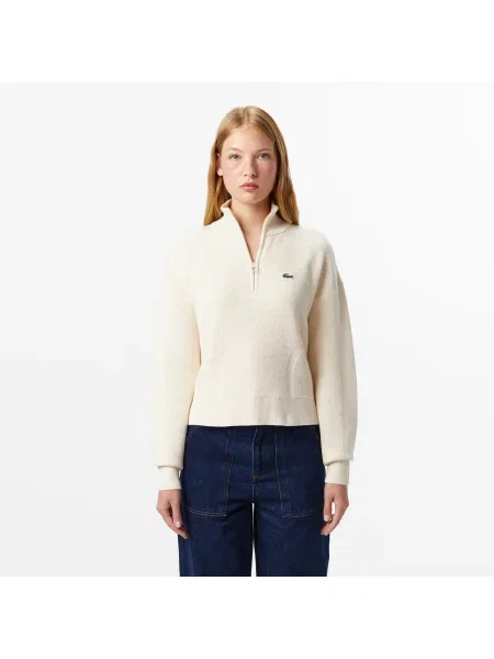 Lacoste Sweter Half Zip Relaxed Fit Kremowy Kremowy
