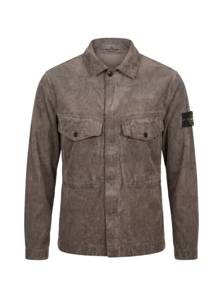 Cămașă Stone Island de catifea cord cu strasuri cu buzunare la piept maro