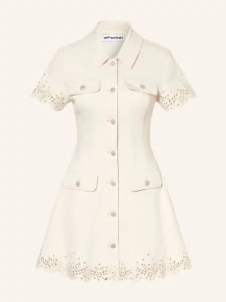 Self-Portrait Sukienka Jeansowa Z Koronką Z Dziurkami I Kamieniami Ozdobnymi beige beżowa