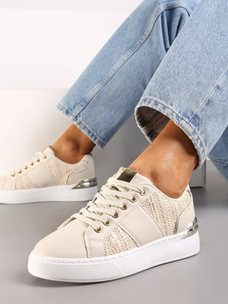 Sneakers din Piele Ecologică cu Șireturi Împletitură și Inserție Metalică Josephina bej