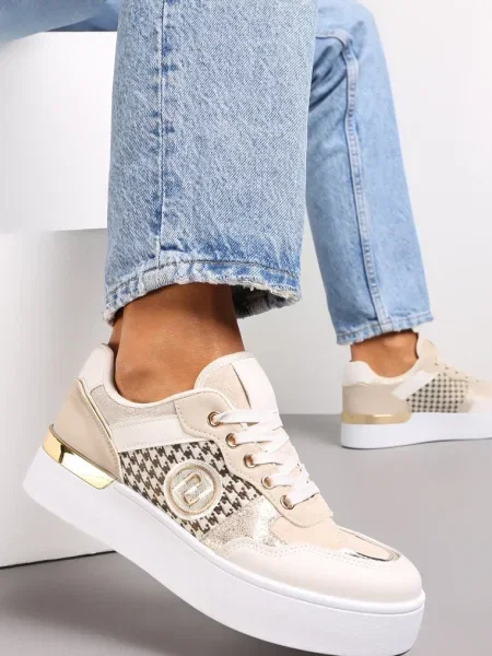 Sneakers Cu Șireturi Pe Talpă Groasă Cu Inserție Decorativă Minsa bej