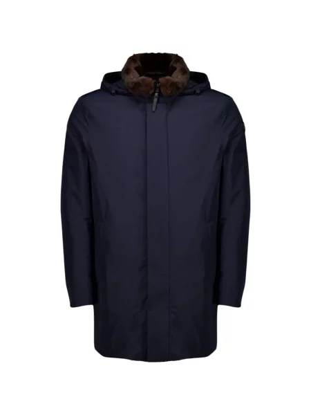 Дълго пухено яке Moncler с качулка синьо