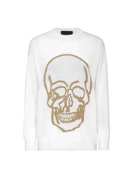 Sweter Philipp Plein wełniany z okrągłym dekoltem biały