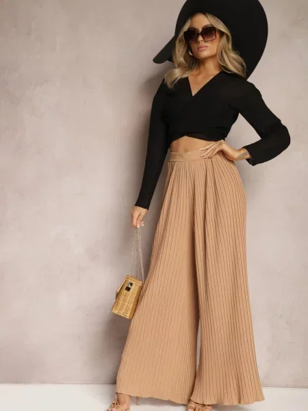 Szerokie Spodnie z Plisami High Waist Mirealli beżowe