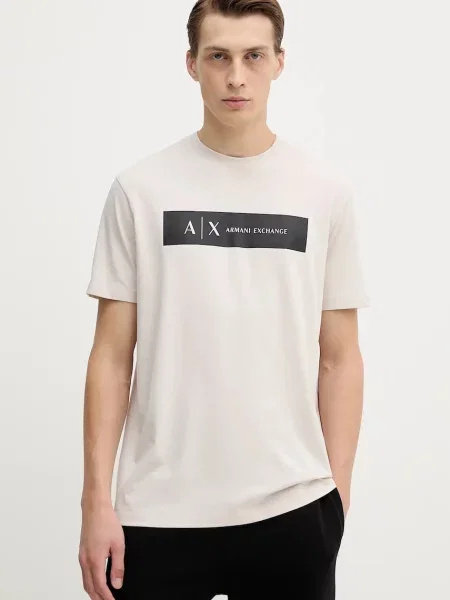 Тениска Armani Exchange бежово с принт сиво