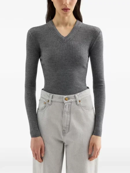 Pleteni džemper Jil Sander s V-izrezom siva