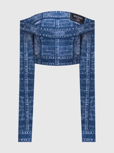 Укорочений топ з нашивкою логотипа Balmain синій