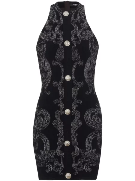 Rochie Balmain cu model paisley cu gât halter din jacard negru