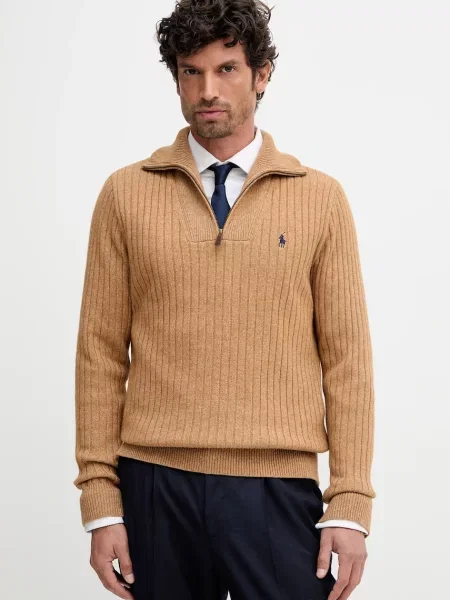 Пуловер с вълна Polo Ralph Lauren мъжки с поло кафяво