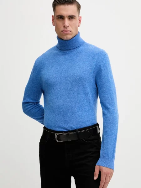 United Colors of Benetton sweter wełniany lekki z golferm niebieski