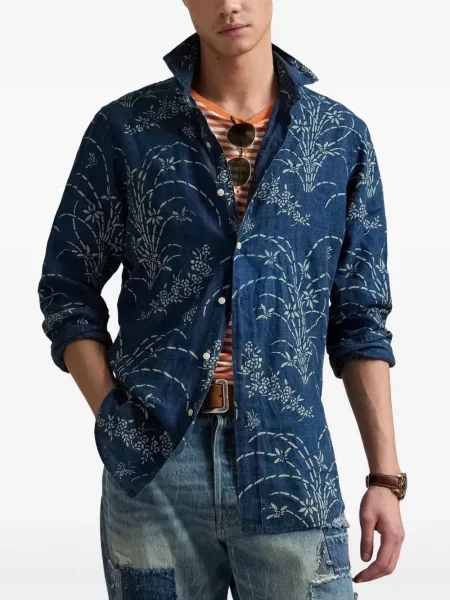 Prošívaná lněná květinová džínová bunda Polo Ralph Lauren modrá