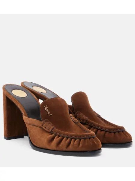 Papuci tip mules Saint Laurent din piele de căprioară maro