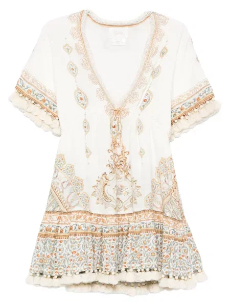 Sukienka mini Camilla z dekoltem w serek z pomponem garniturowa biała