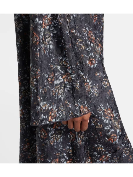 Rochie midi Ganni cu model floral cu volane până la genunchi negru