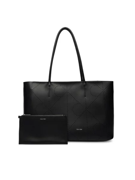 Calvin Klein Ročna torba Emblem Aop Perfor Lthr Tote črna
