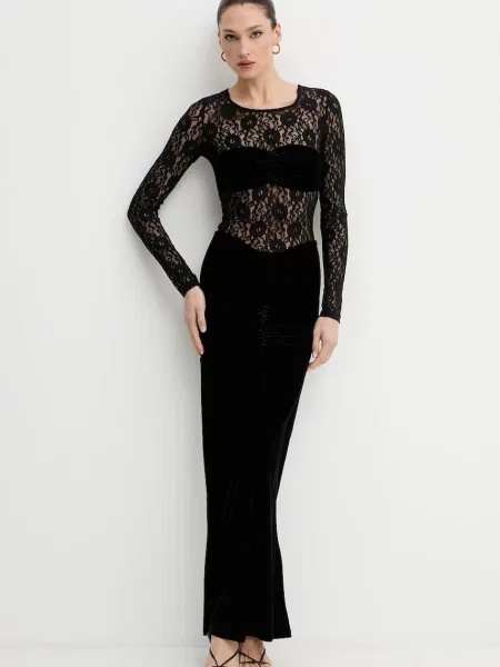 Bardot sukienka welurowa maxi dopasowana czarny