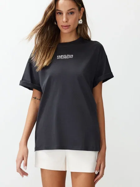 Trendyol Majica antracit / pastelno zelena / staro roza bela