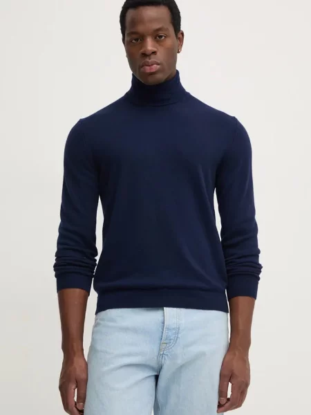 United Colors of Benetton pulover de lana barbati marin light cu guler albastru