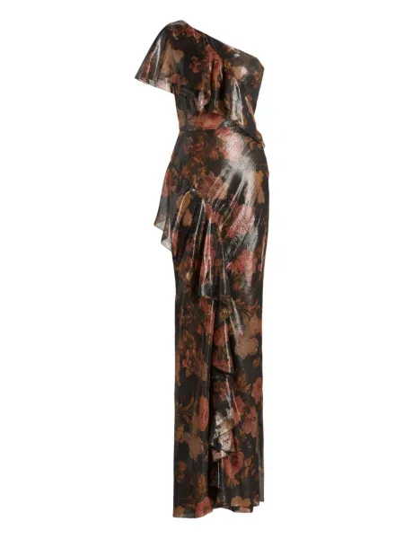 Rochie maxi Ralph Lauren Collection cu volane cu un umăr gol de costum negru