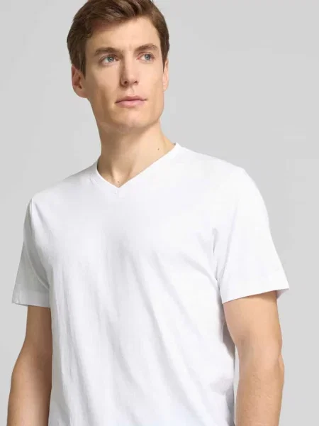 T-shirt z prążkowanym dekoltem w serek w zestawie 2 szt. Olymp Level Five biała