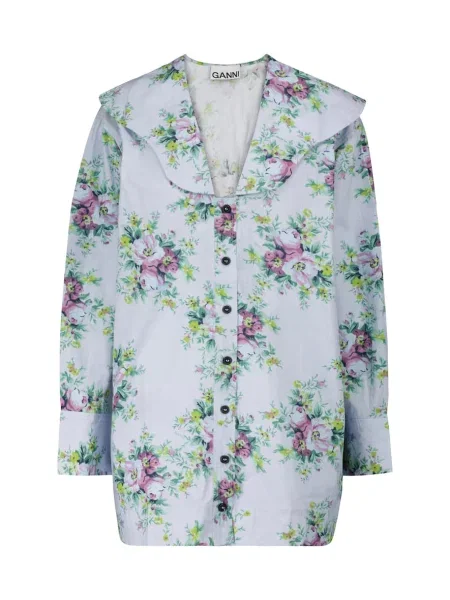 Bluză Ganni cu model floral din poplin albastru