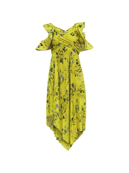 Rochie midi Self-portrait cu model floral cu imagine plisată galben