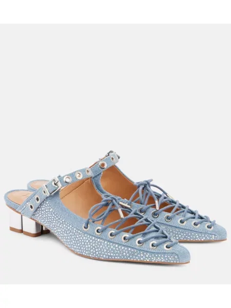 Papuci tip mules Ganni cu șireturi din dantelă albastru