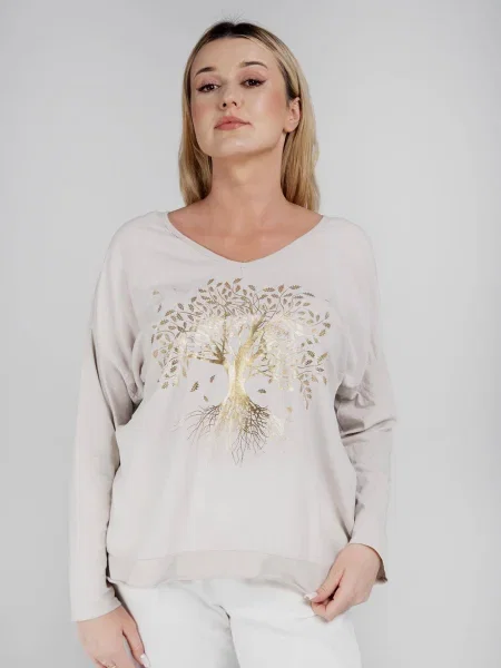 Ленена блуза New Collection с принт бежово