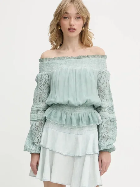 Блуза с коприна Guess AUDREY дамска тюркоазено с десен