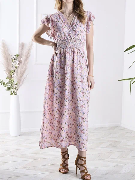 Rochie midi Resti cu model floral până la genunchi de costum roz