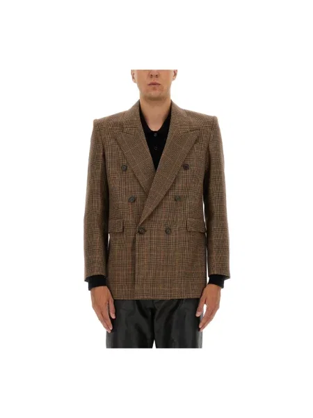 Marynarka Saint Laurent wełniana w kratkę brązowa