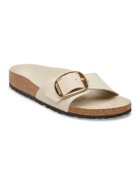 Klapki Birkenstock skórzane na sprzączkę beżowe