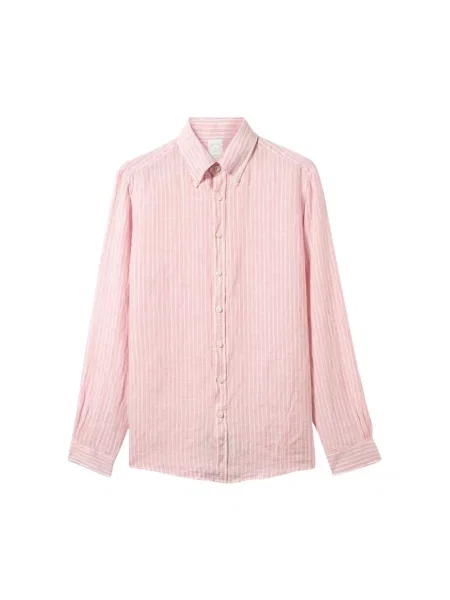 Lniana koszula Brooks Brothers w paski z paskiem różowa
