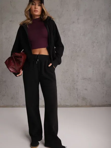 Set de trening cu model rib cu glugă și pantaloni wide leg Jateia negru