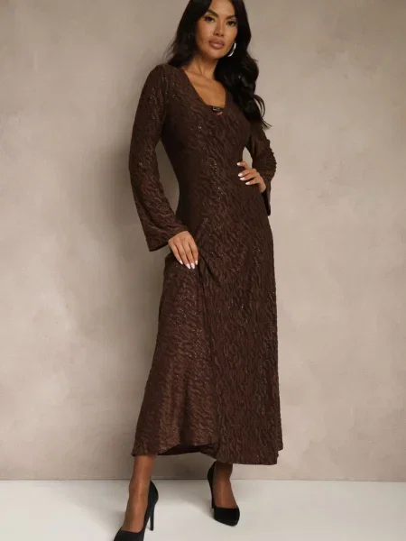 Rozkloszowana Sukienka Longsleeve w Zebrę Zdobiona Brokatem Mevilisa brązowa
