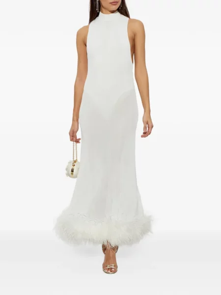 Rochie midi Self-portrait cu pene tricotate alb