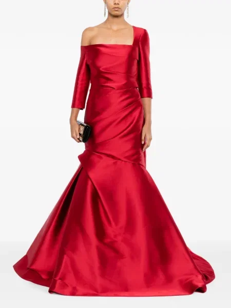 Rochie Monique Lhuillier cu volane asimetrică roșu