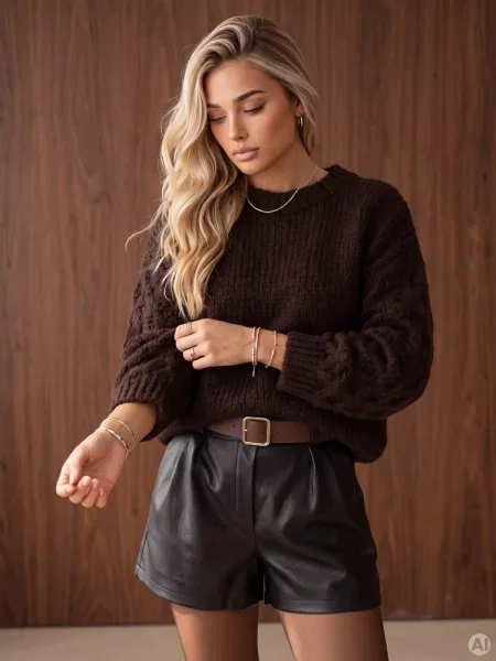 Sweter oversize z warkoczowym splotem czekoladowy Dstreet