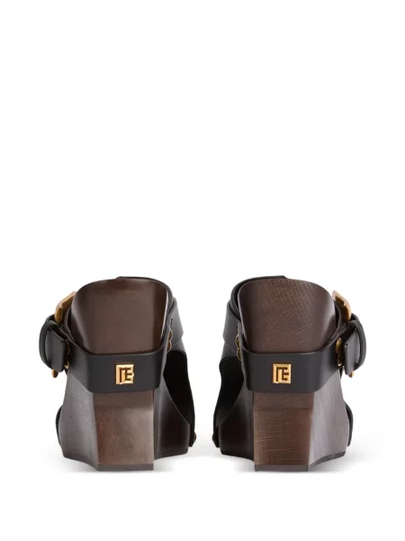 Papuci tip mules Balmain din piele cu pană negru